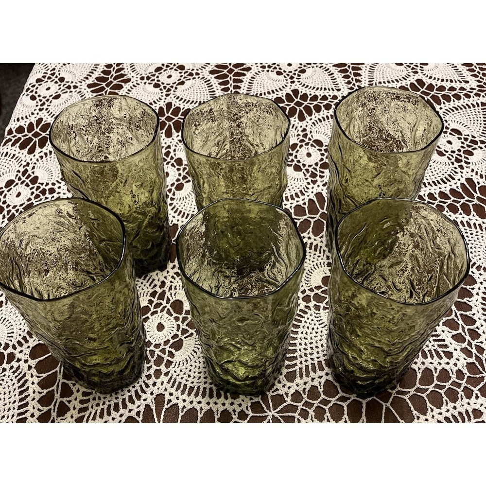 Vintage 6 Seneca Driftwood Avocado Green Ice Tea 16 Oz‎ Tumblers 5 1/8" Crinkle